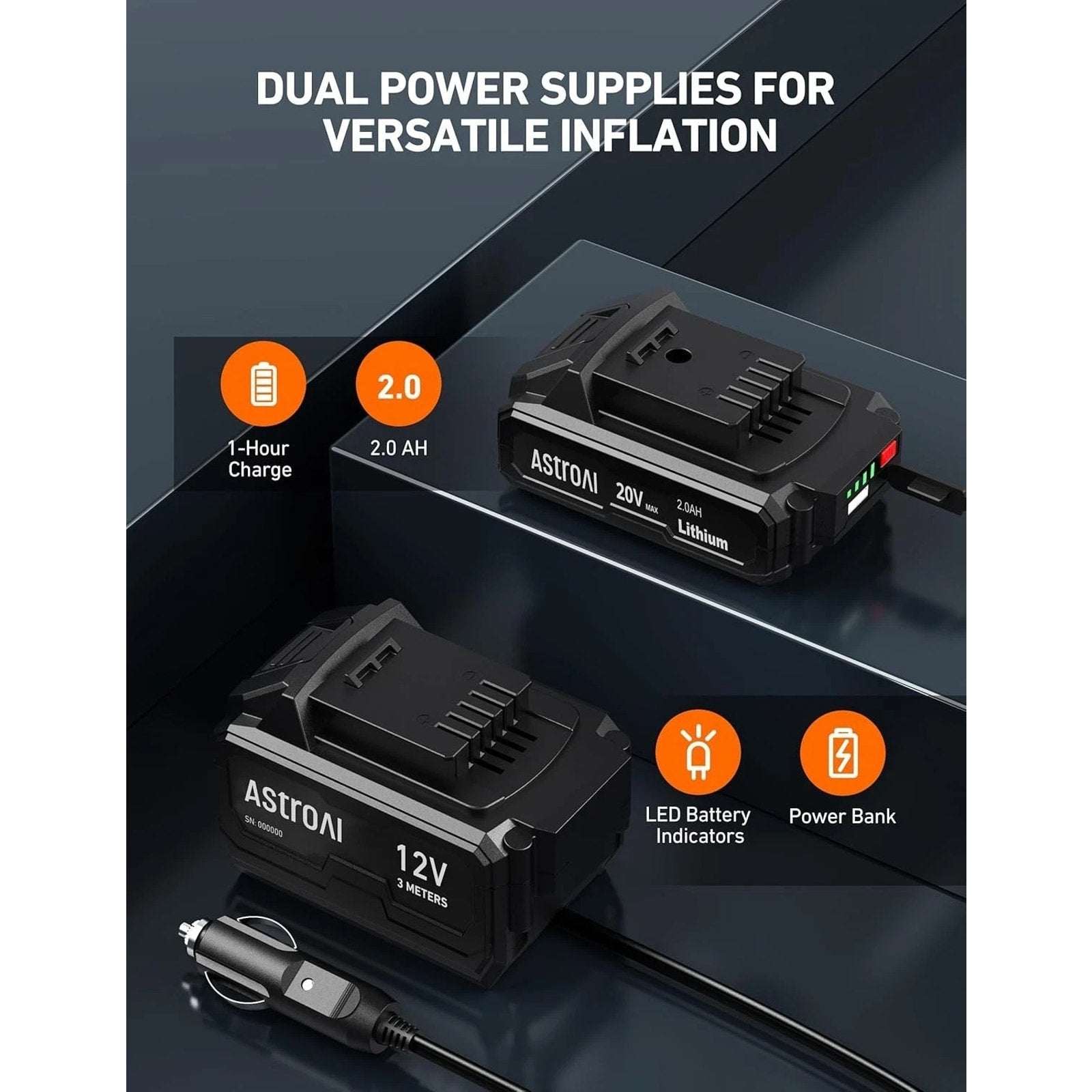 AstroAI Tire Inflator Cordless Air Compressor 160PSI w 12V/20V Dual Power Supply