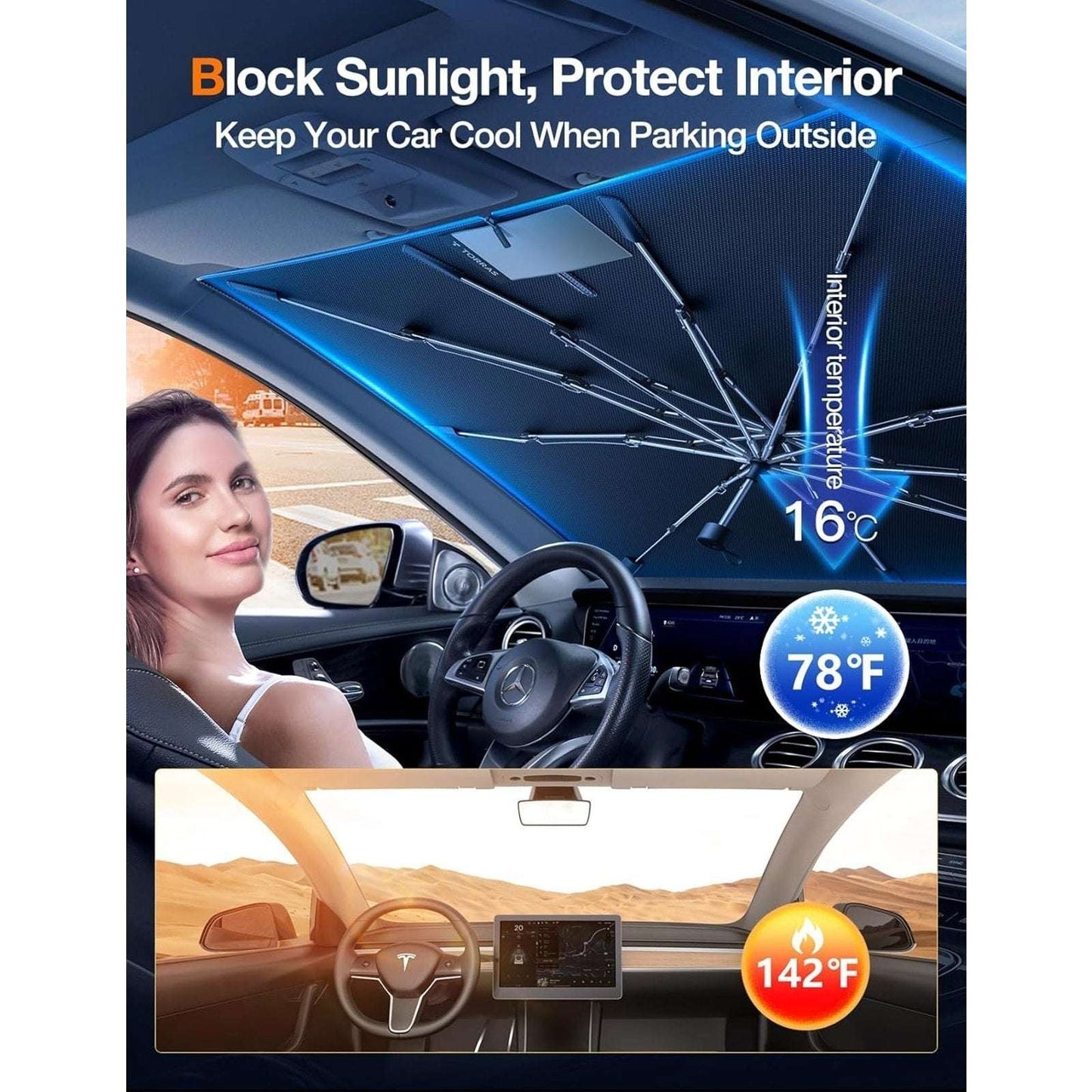 TORRAS Car Windshield Sun Shade Umbrella w Organizer - Universal Beige Blocks UV