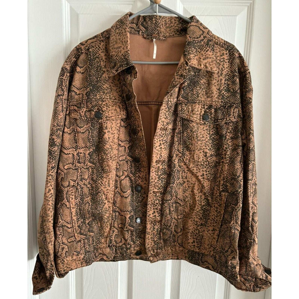 Free People Trucker Brown Snake Print Denim Jacket Size M Medium