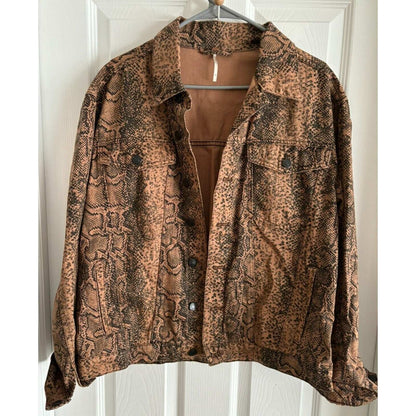Free People Trucker Brown Snake Print Denim Jacket Size M Medium
