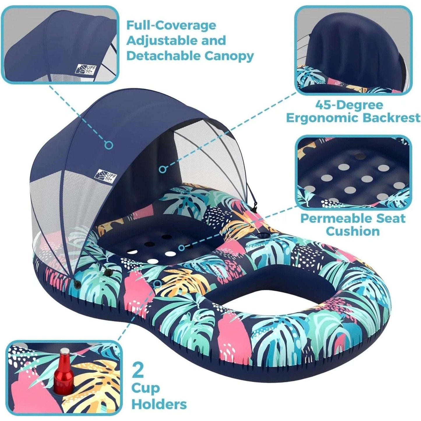 Pool Float w/ Canopy Inflatable Adult 60"x43" Lounger Raft w/ UPF 50+ Sunshade