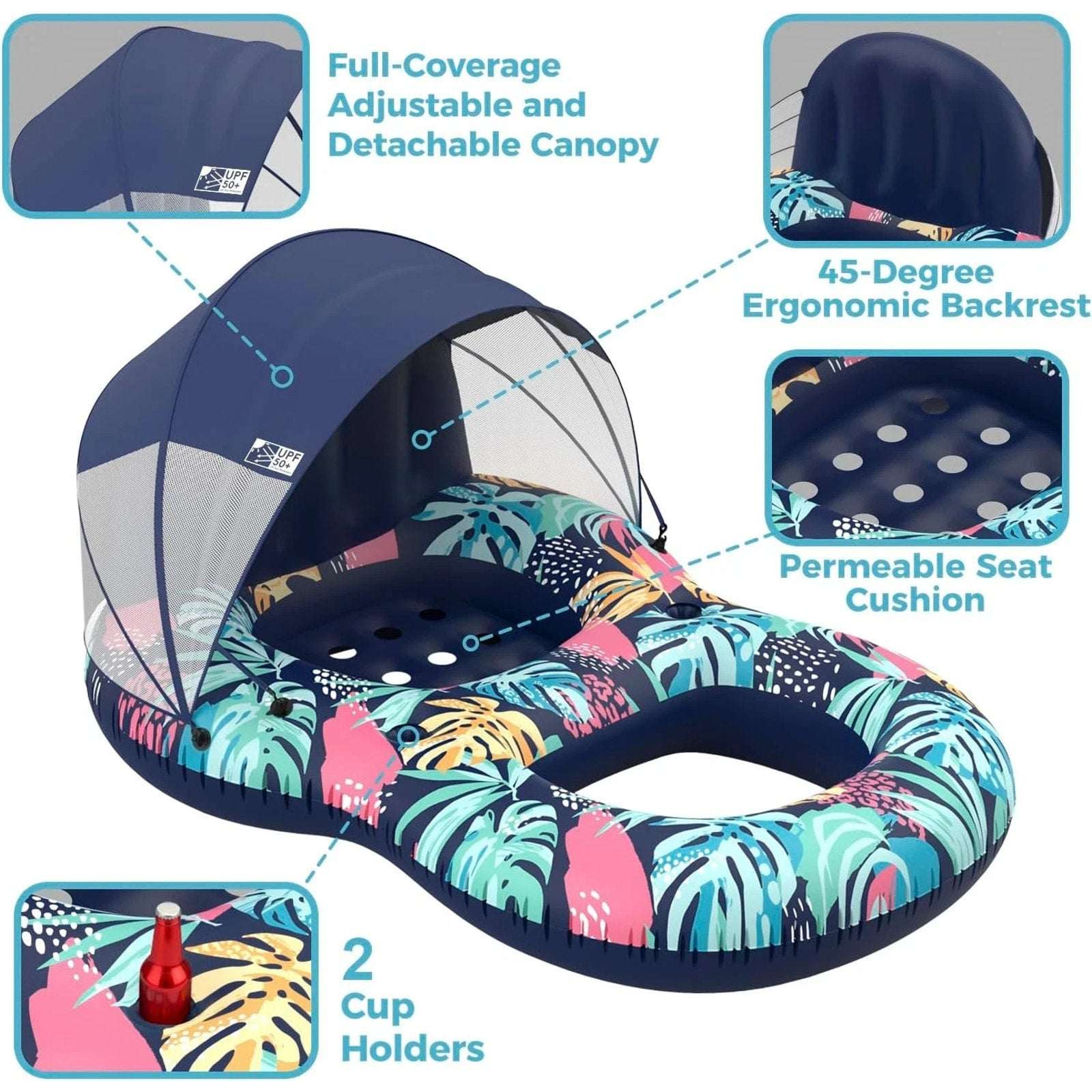 Pool Float w/ Canopy Inflatable Adult 60"x43" Lounger Raft w/ UPF 50+ Sunshade