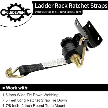Ladder Rack Ratchet Straps w/ Double J-Hook 1.5" x 7.5' For 2" Round Tube Mount