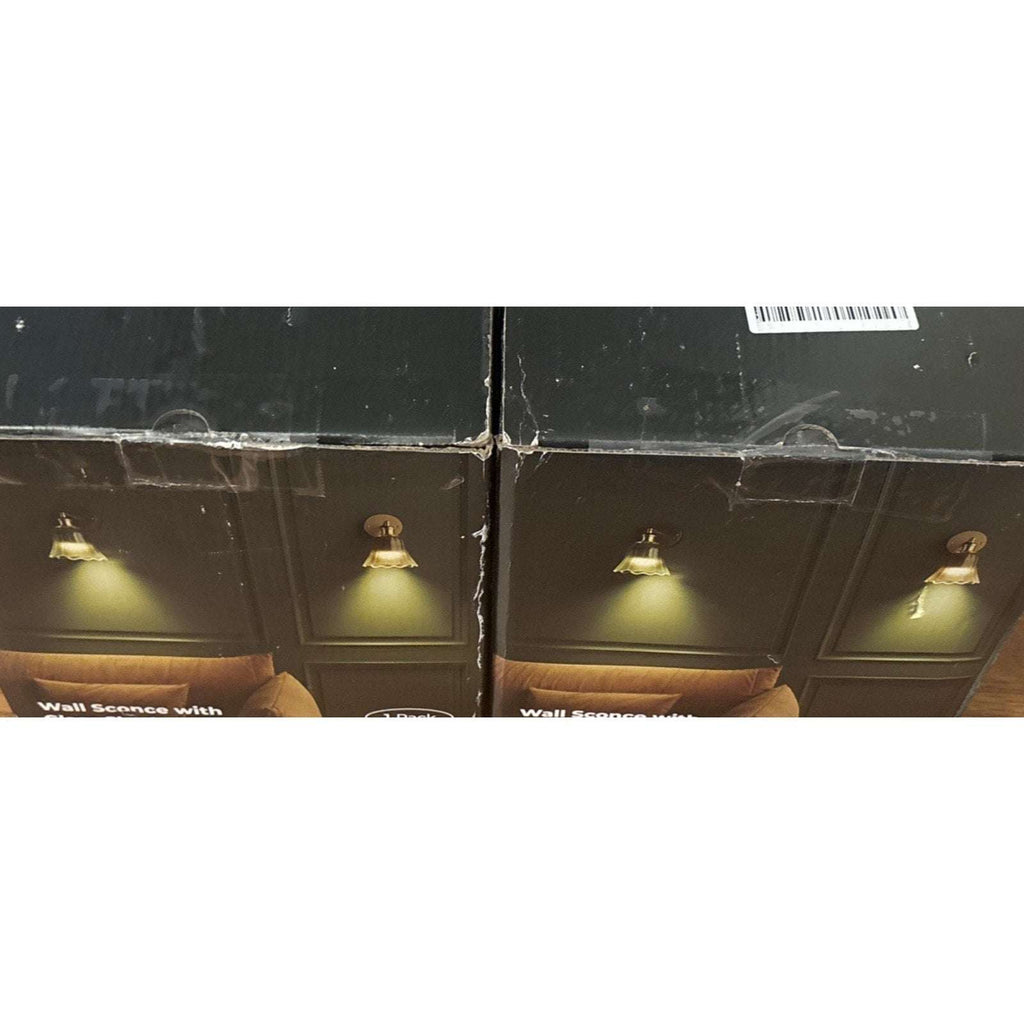2Pc Vtg Wireless Wall Sconce Green Tulip Glass & Gold w Remote Rechargeable Bulb