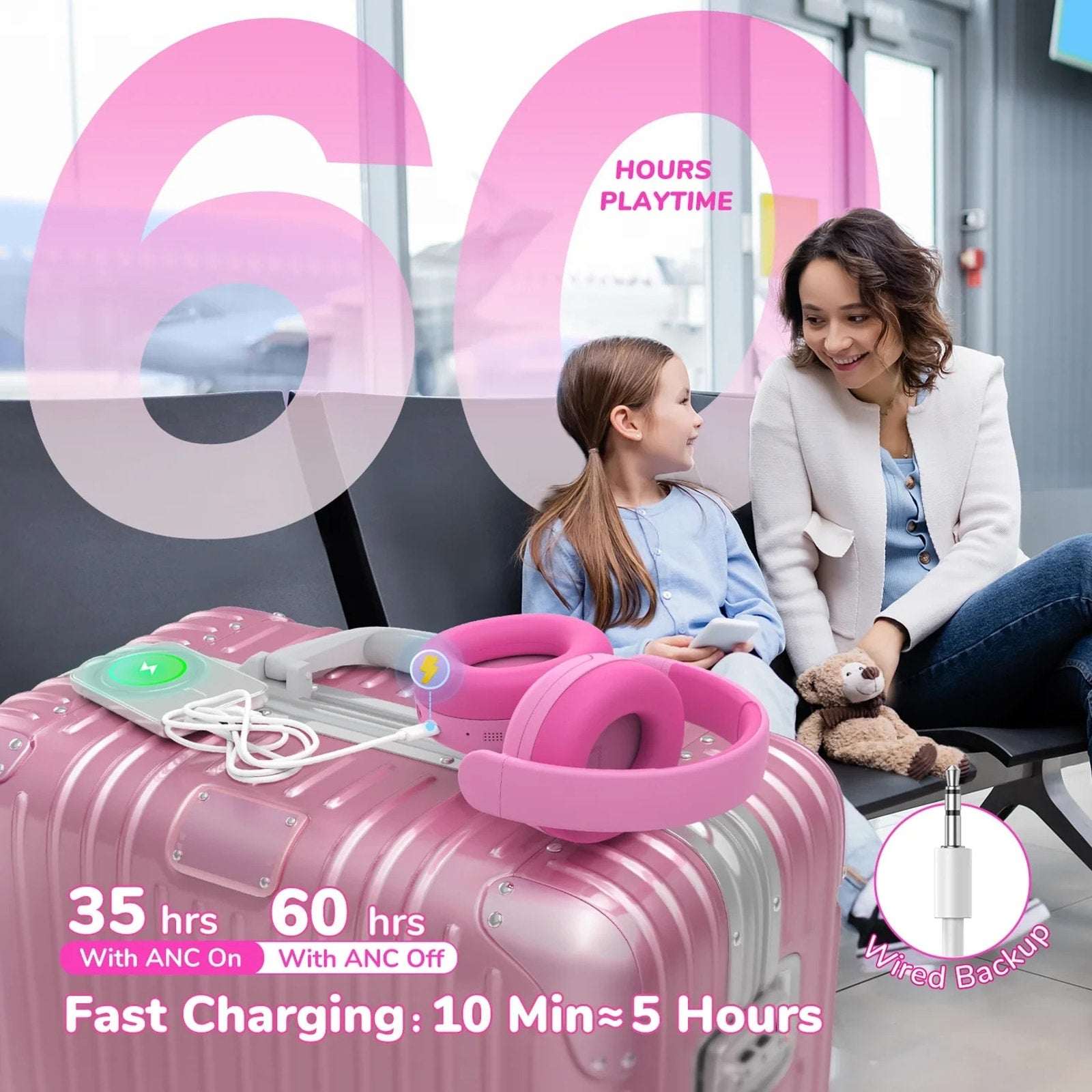 iClever BTH20 Active Noise Cancelling Headphones for Kids, 60H Play Time, Pink
