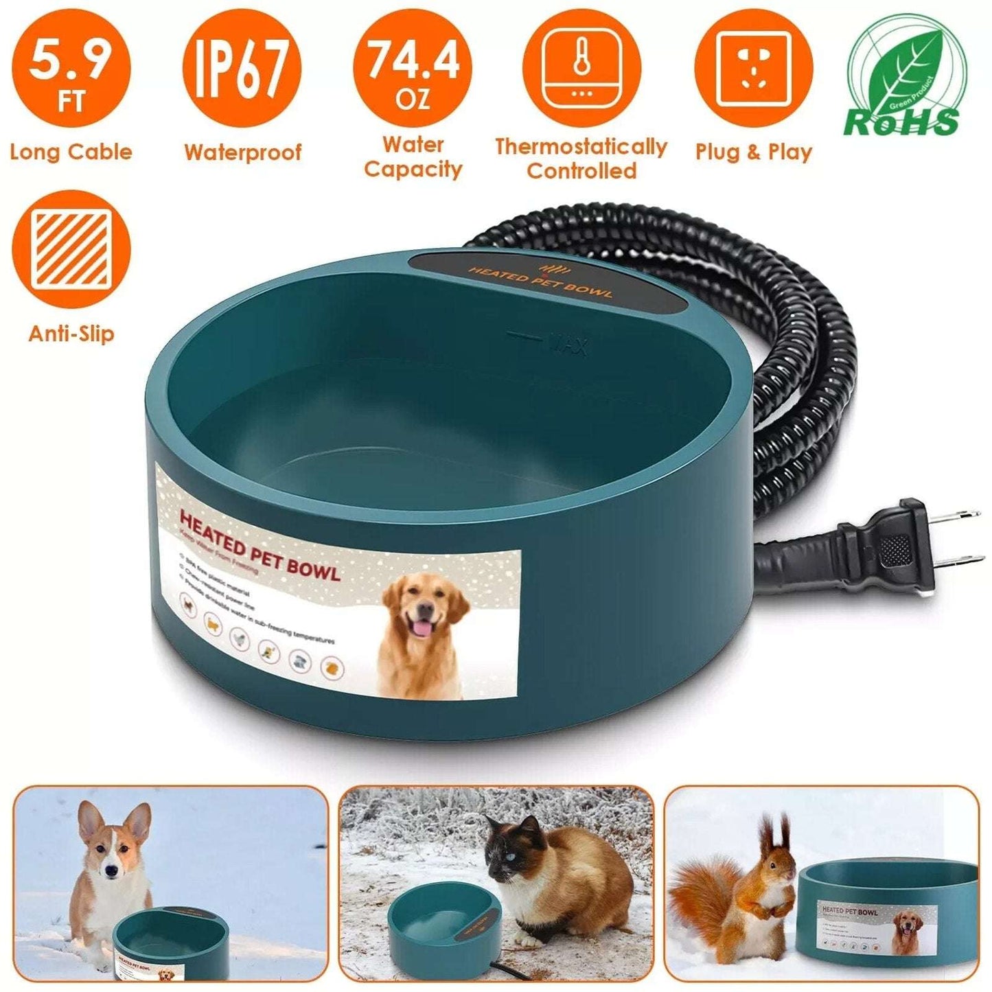 35W Heated Pet Water Bowl Waterproof Thermostatically Control AntiChew Cord 2.2L