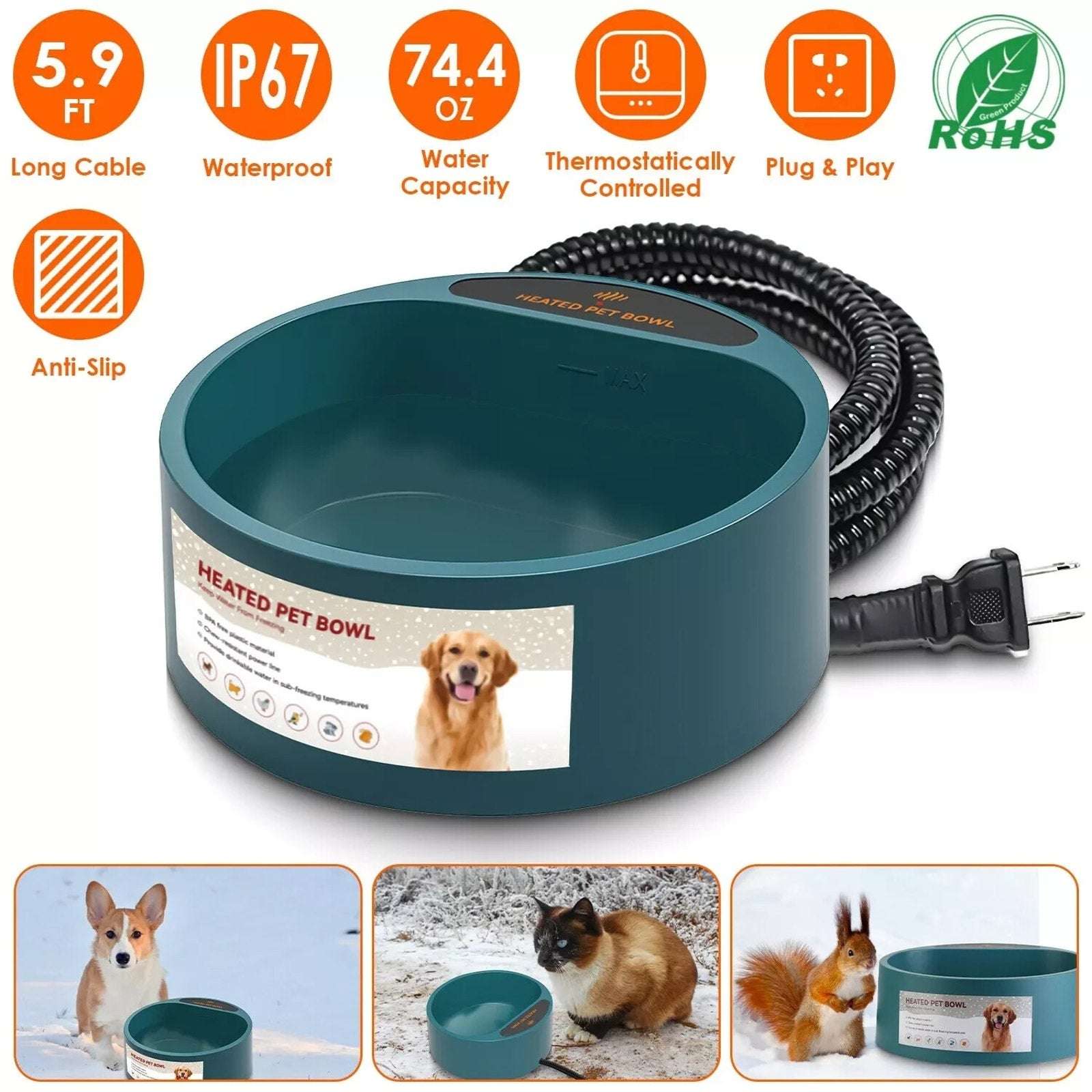 35W Heated Pet Water Bowl Waterproof Thermostatically Control AntiChew Cord 2.2L