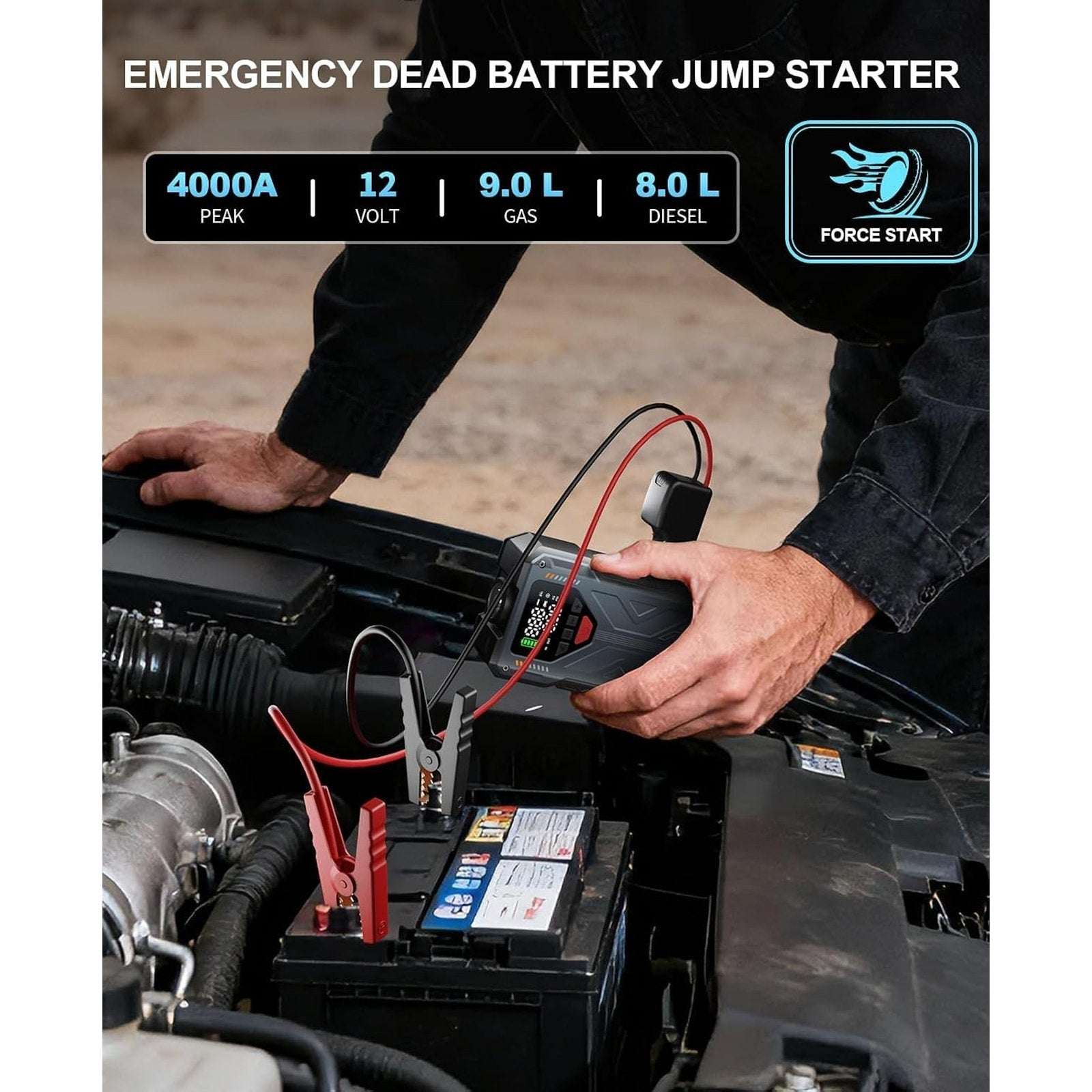 Portable Car 4000A 12V Battery Jump Starter, TPM, 150PSI Inflator, Power Bank +