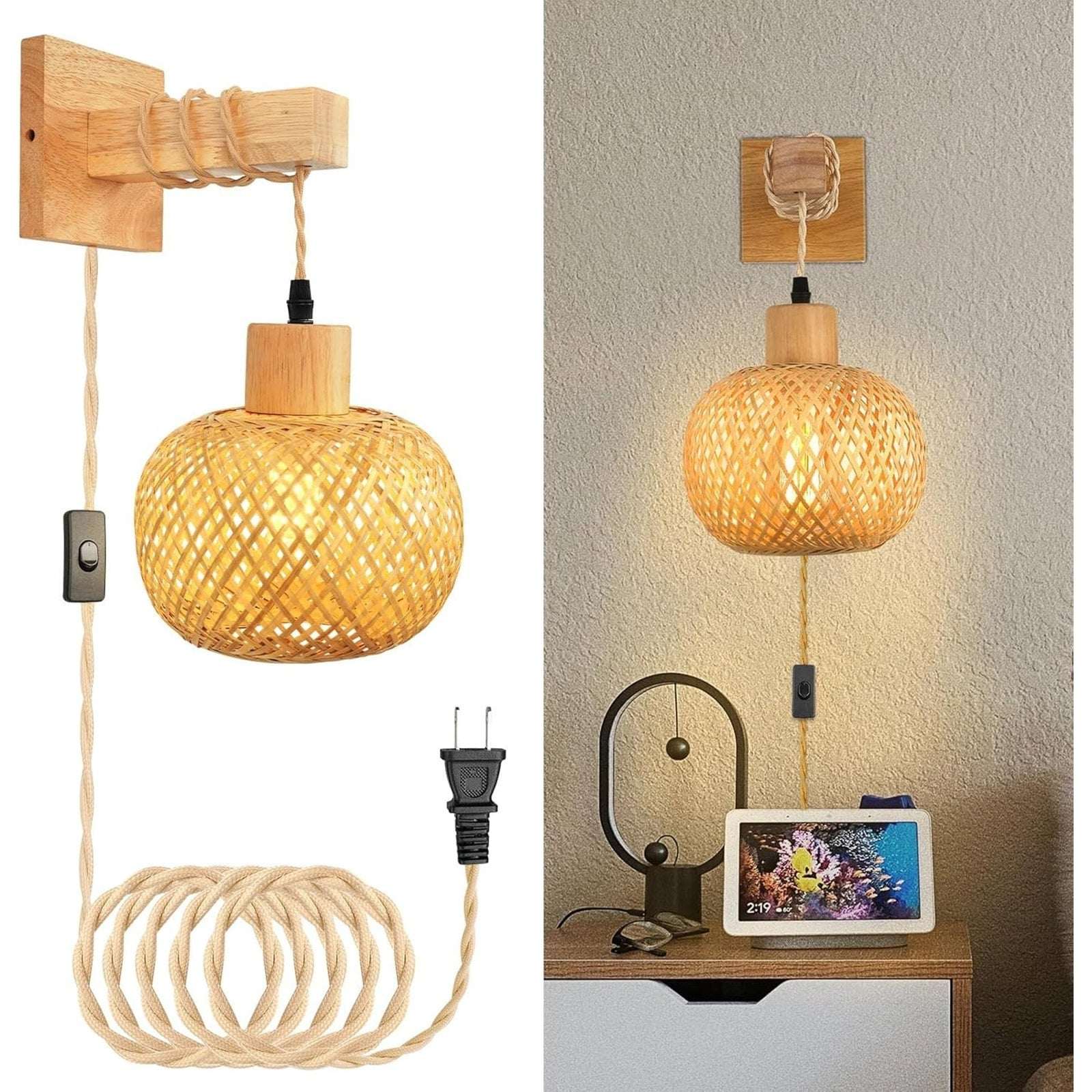 Plug in Wall Sconces Set of 2, Bamboo Hand Woven Rustic Hanging Light Fixtures