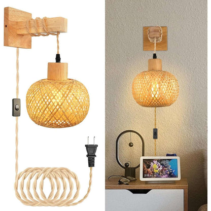 Plug in Wall Sconces Set of 2, Bamboo Hand Woven Rustic Hanging Light Fixtures