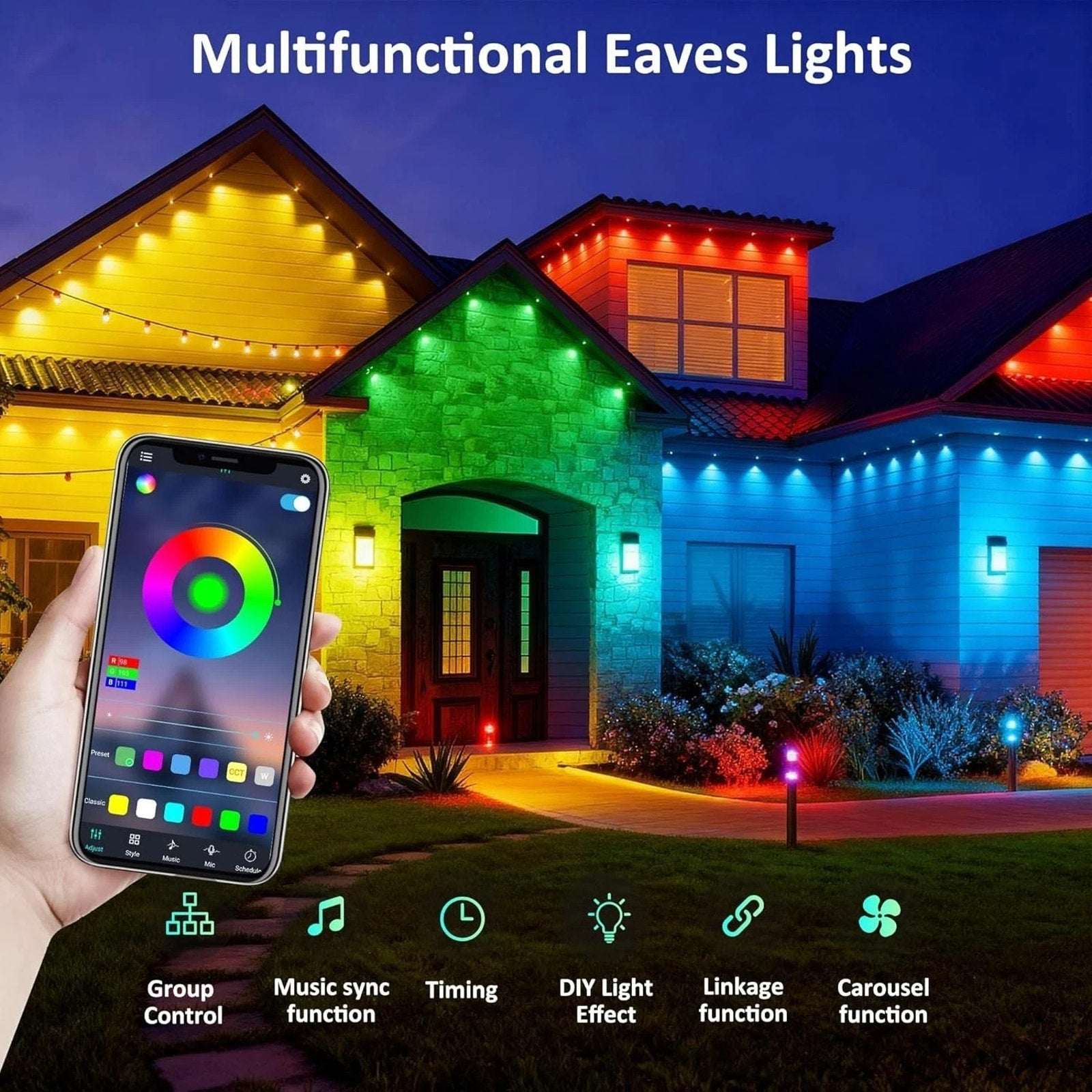 200Ft Permanent Outdoor RGB Smart Eaves Lights w App & Remote Control Waterproof