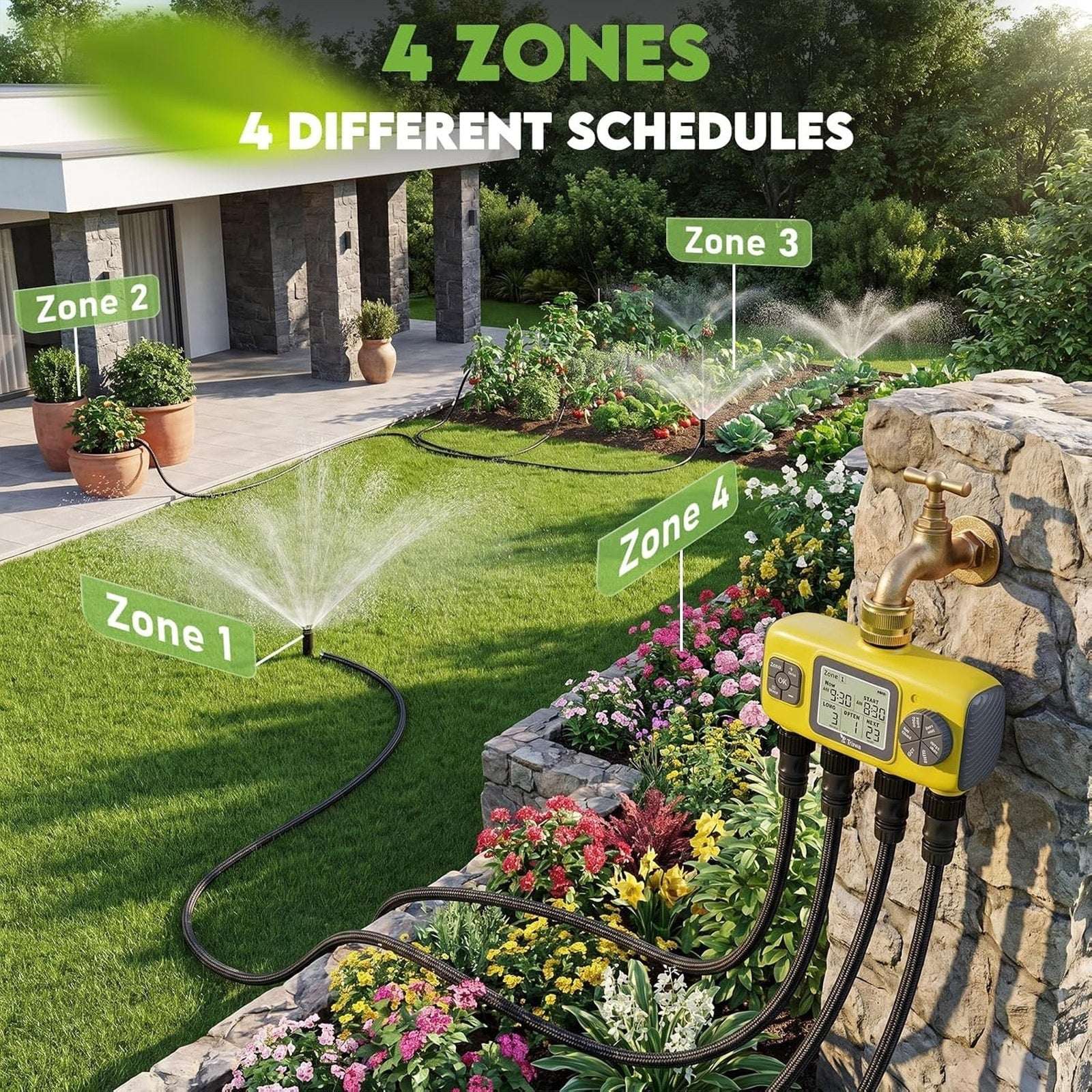 4-Zone Programmable Digital Smart Water Timer w/ Brass Inlet, Rain Delay, Anti-R