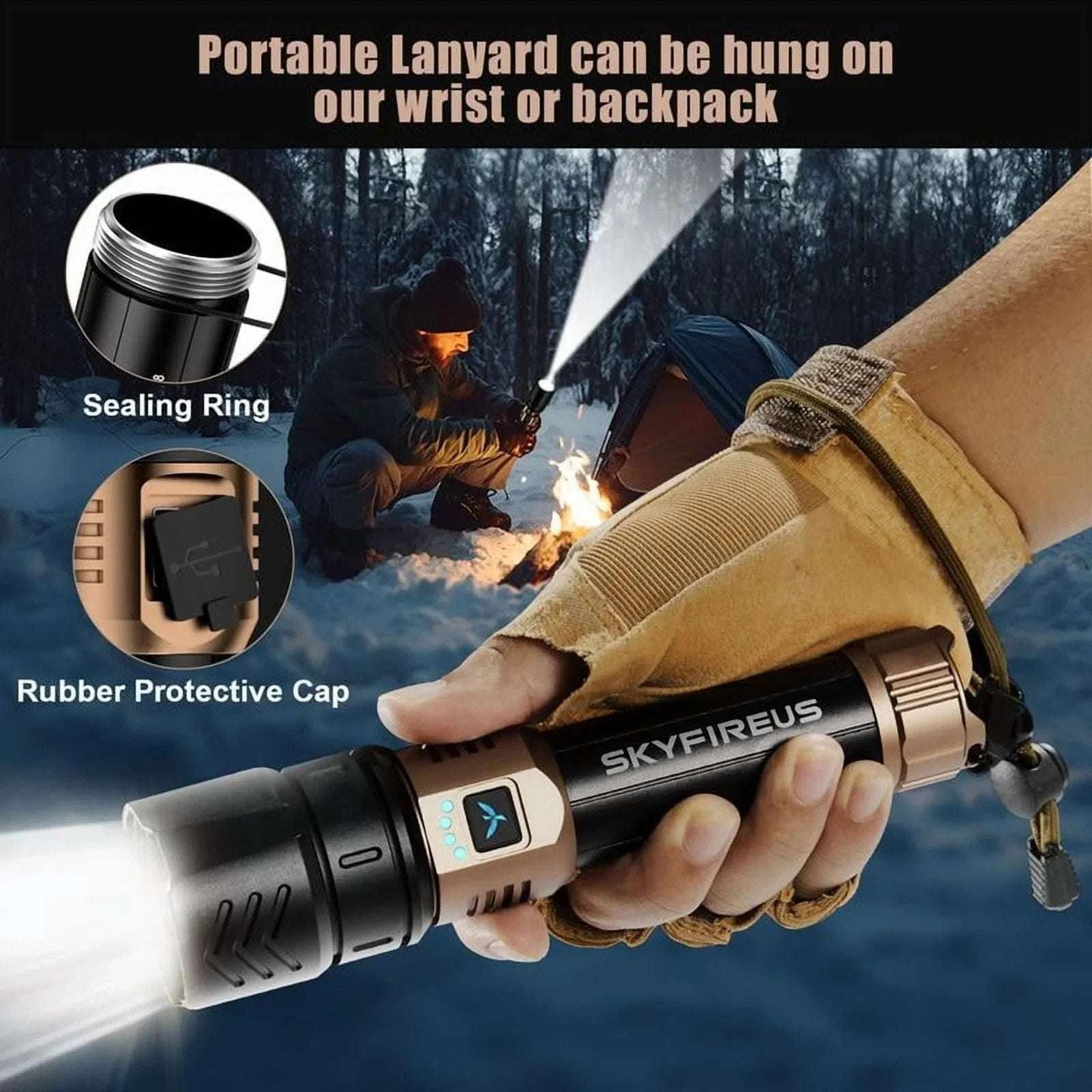 SKYFIRE LED Flashlight 2000lm Rechargeable Zoom Waterproof w/ FIRE STARTER Lens