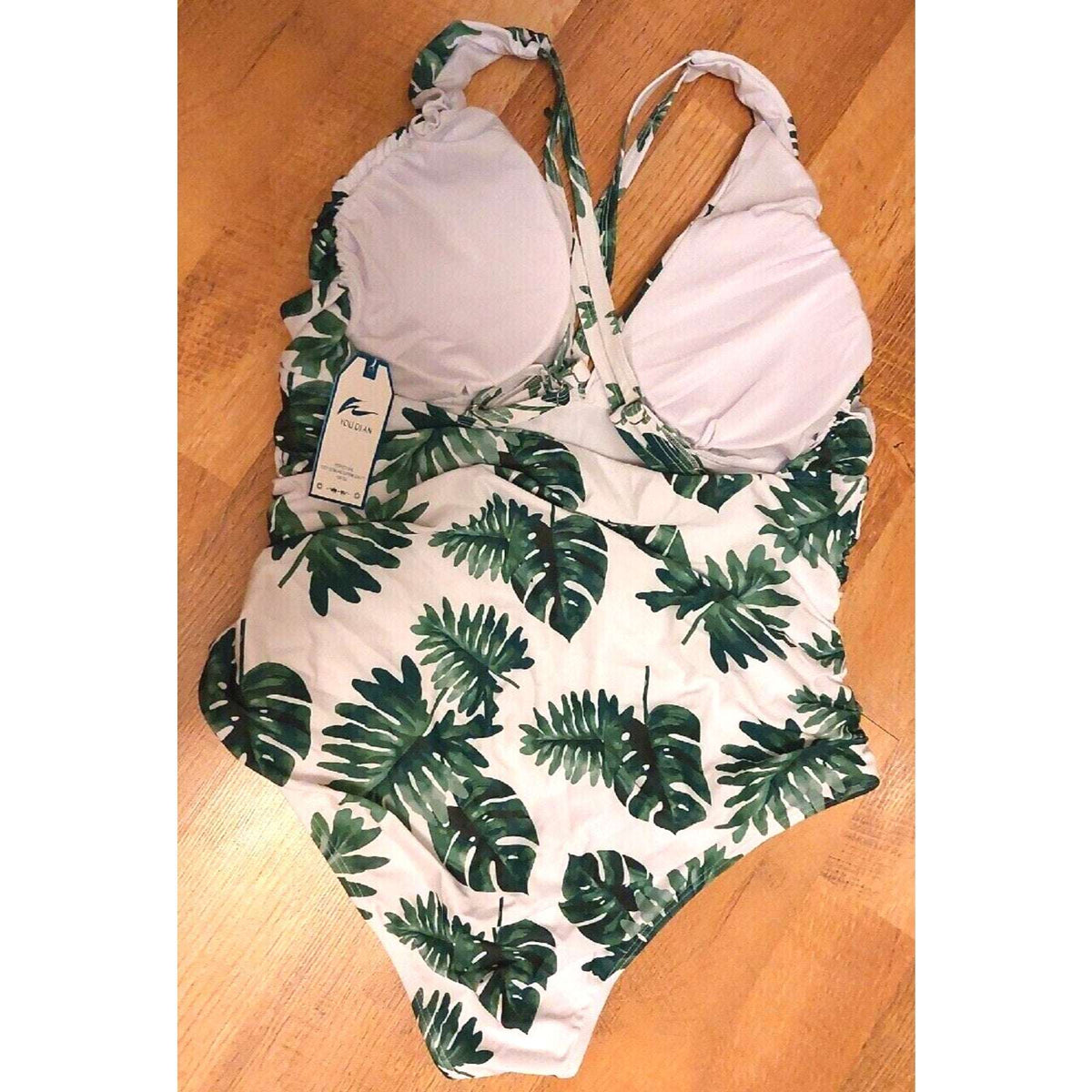 W You Di An Green Palm Leaf Tropical One Piece V-neck Wide Strap Swimsuit 4XL