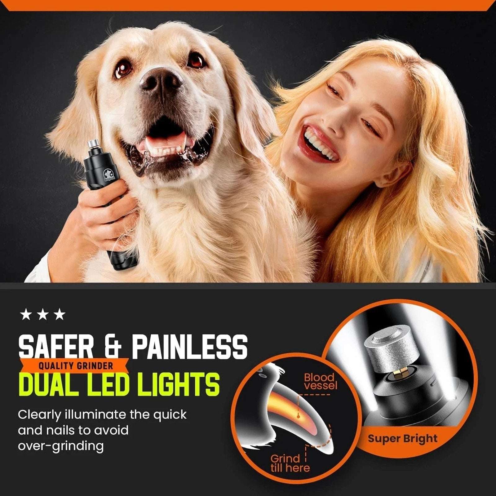 Lopsic Dog Nail Grinder Professional Electric w/ Lights Rechargeable Pet Trimmer