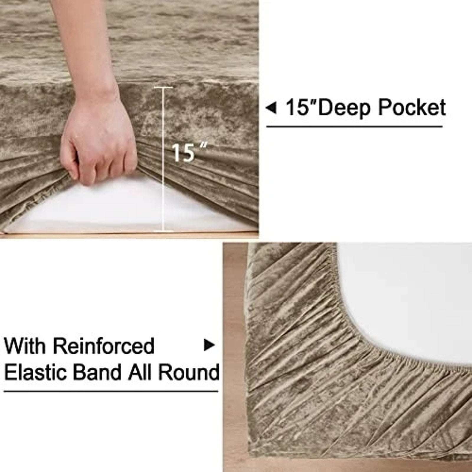 PHF Truly Velvet Fitted Sheet Queen Size Luxury Super Soft & Cozy Deep Fit Khaki