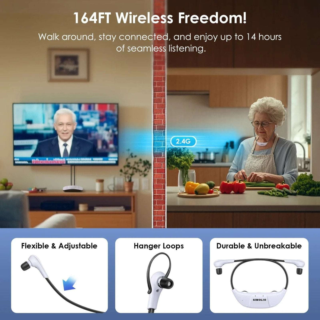 SIMOLIO 2.4GHz Wireless TV Headset for Hearing Impaired SM-823D PRO For Any TV