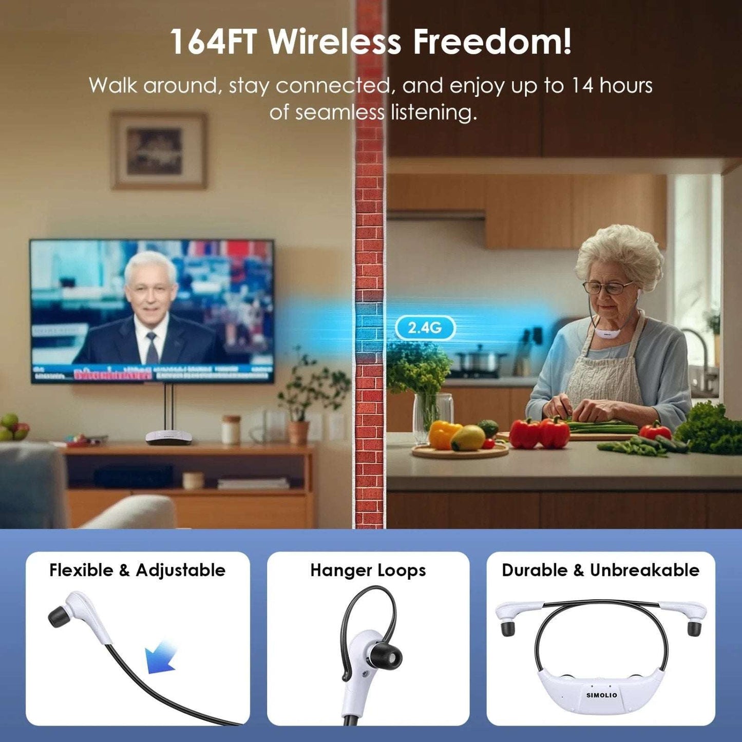 SIMOLIO 2.4GHz Wireless TV Headset for Hearing Impaired SM-823D PRO For Any TV