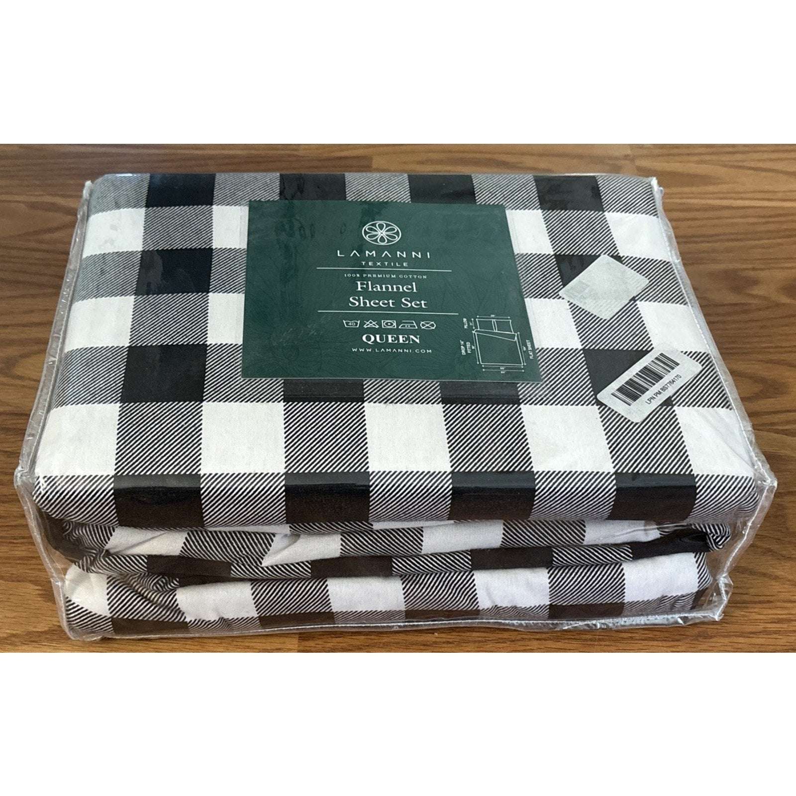 LAMANNI 100% Premium Cotton Flannel Buffalo Plaid Sheet Set - Black/White Queen
