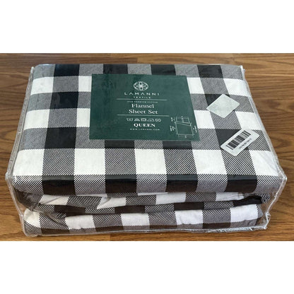 LAMANNI 100% Premium Cotton Flannel Buffalo Plaid Sheet Set - Black/White Queen
