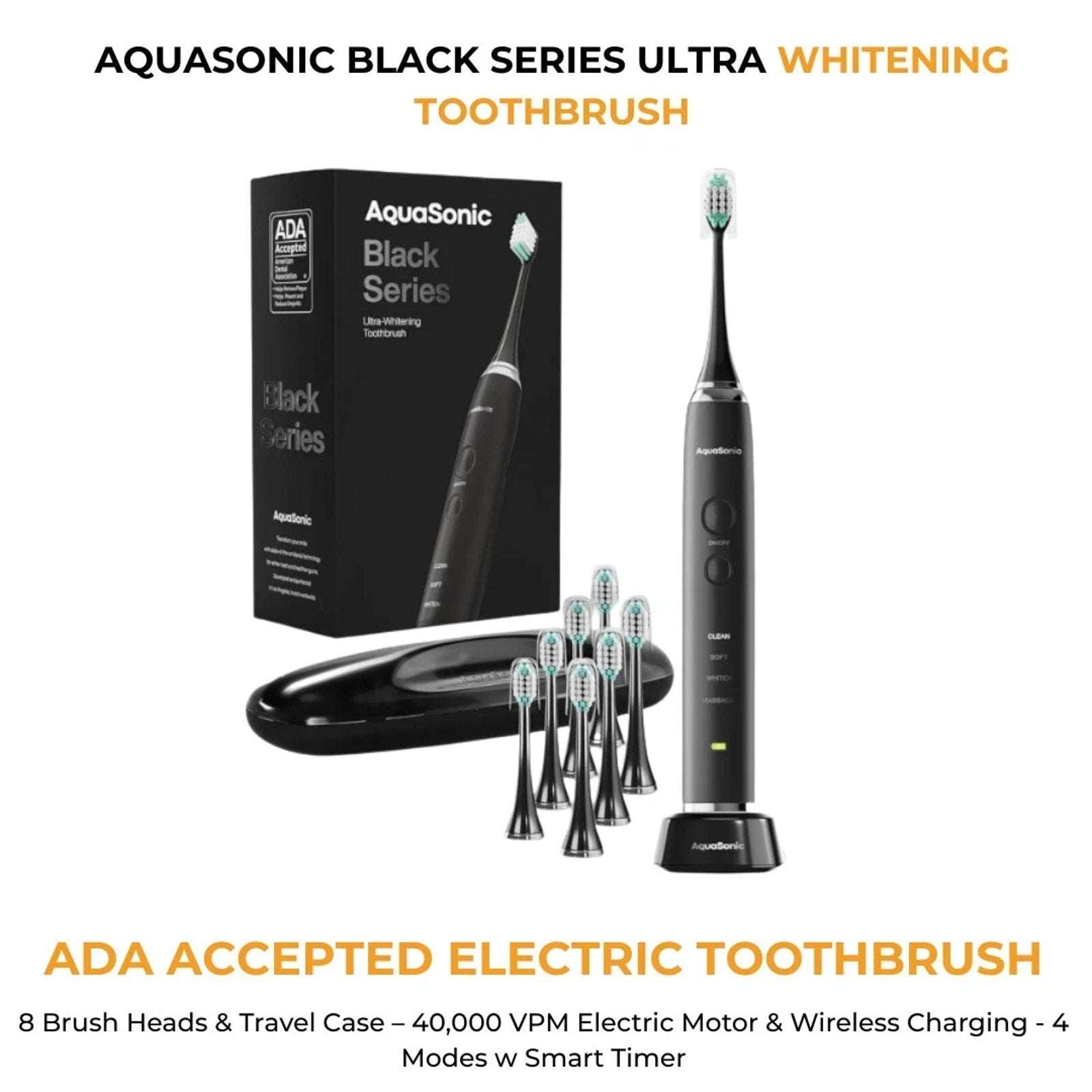 Aquasonic Black Series Electric Toothbrush Ultra Whitening + Case, 8 Heads ADA