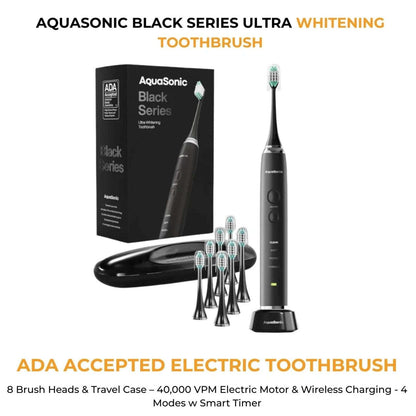 Aquasonic Black Series Electric Toothbrush Ultra Whitening + Case, 8 Heads ADA