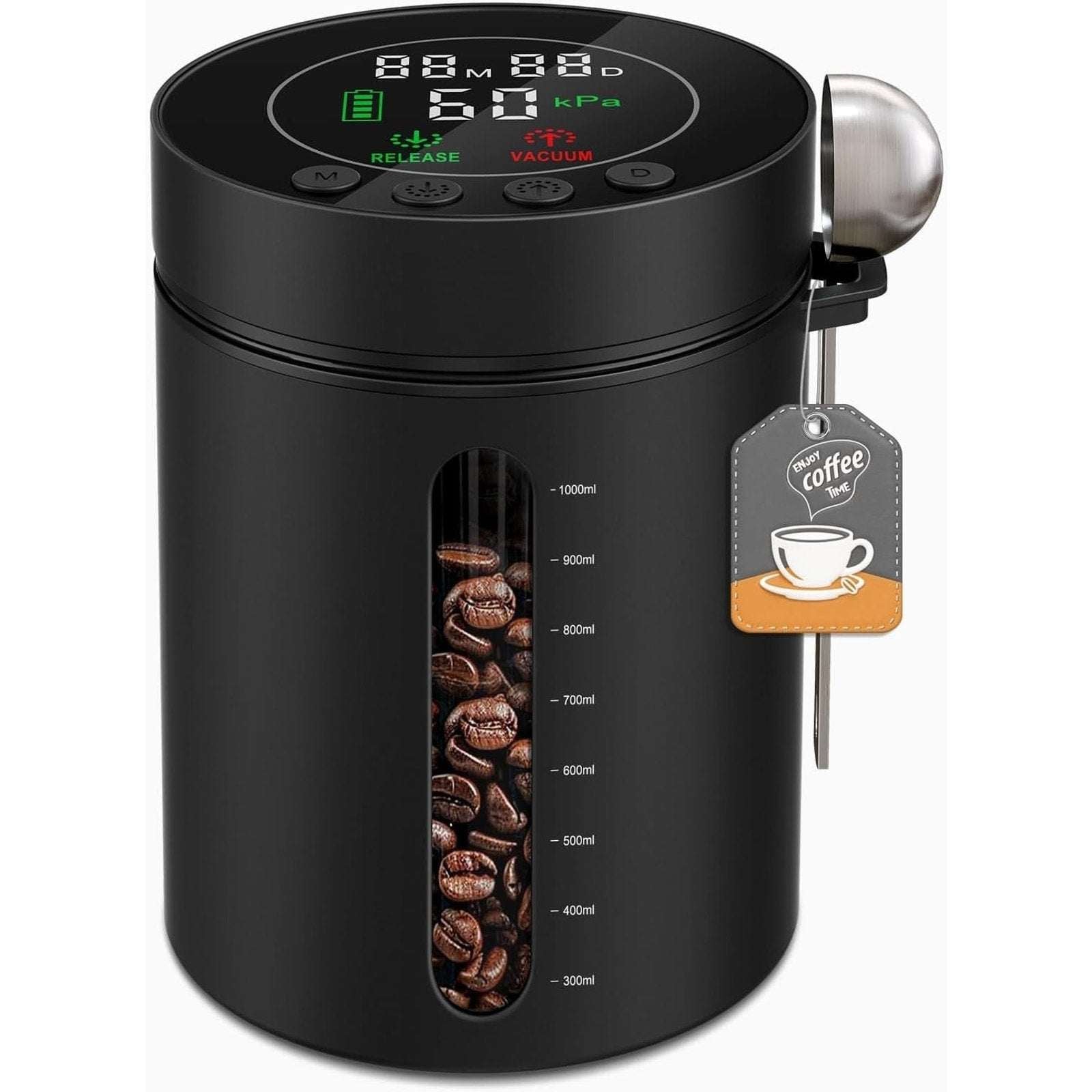 Automatic Airtight Vacuum Sealing Coffee Canister 1.3L Smart Sensors LCD Display