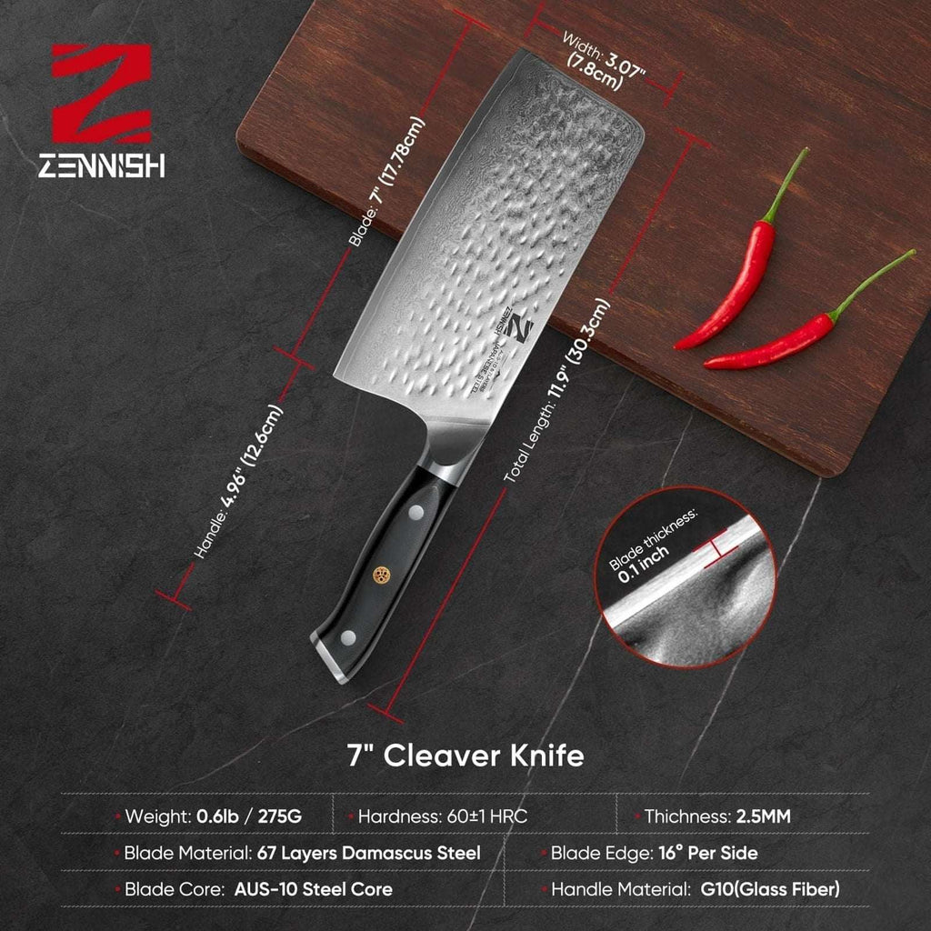 KENNISH Cleaver Knife 7" Meat Cleaver - Japanese AUS-10 Damascus Steel 60HRC
