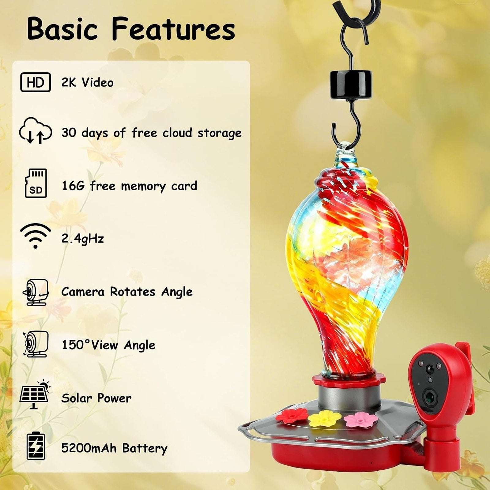 Glass Smart Solar Powered Hummingbird Feeder w/ Camera 2K HD Live View, AI ID