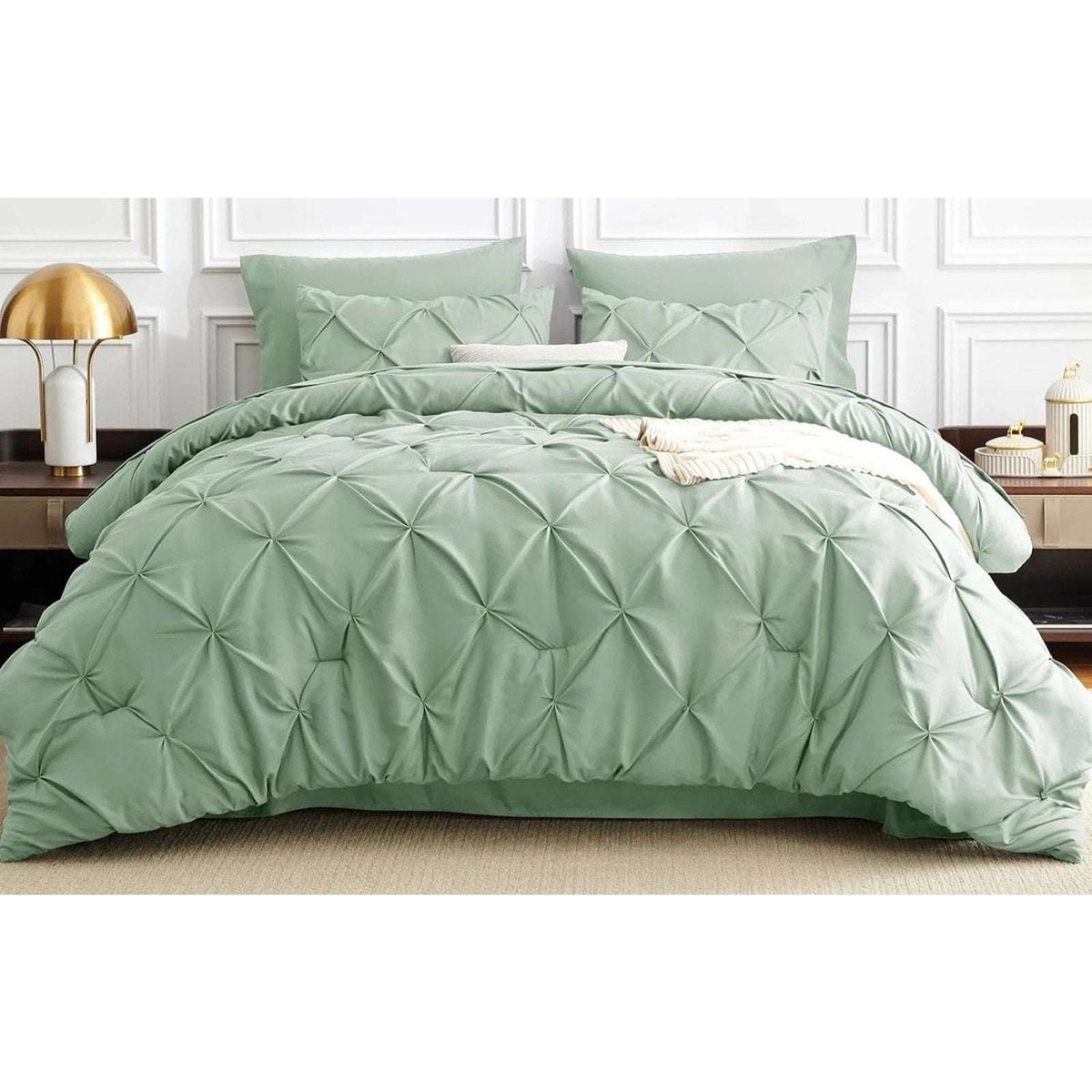 CozyLux 7-Piece King Size Pintuck Comforter & Sheet Set Sage Green Bed in a Bag
