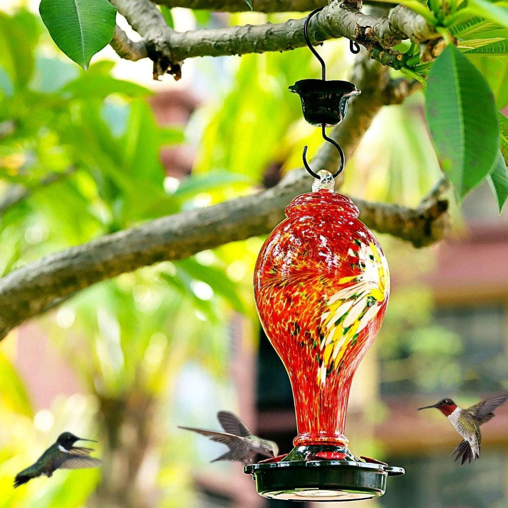 36OZ Hand Blown Glass Hanging Hummingbird Feeder with 5 Flower Feeding Stations
