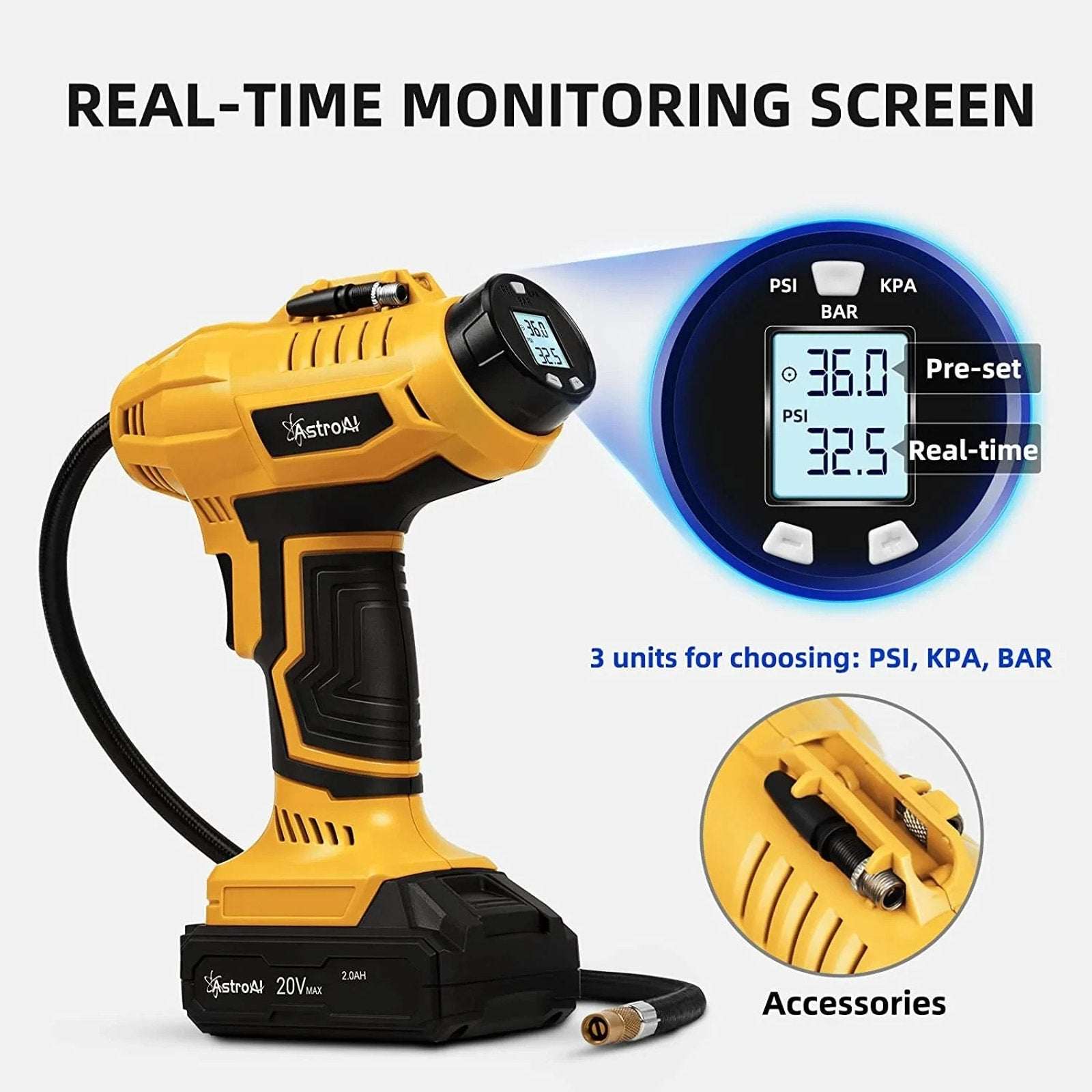 AstroAI Tire Inflator Cordless Air Compressor 160PSI w 12V/20V Dual Power Supply