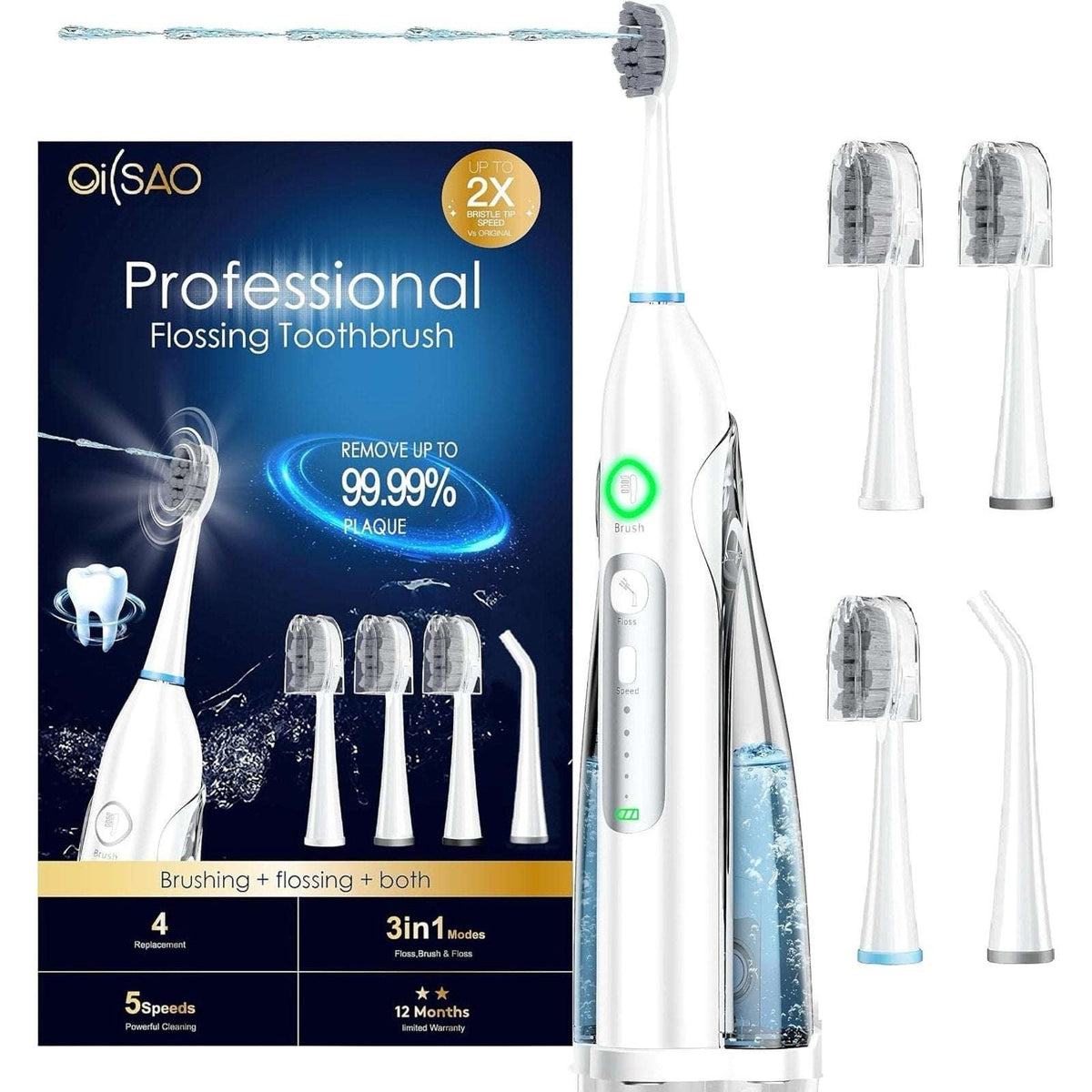OiSAO Electric Water Flosser & Toothbrush Combo w/ Replacement Heads & Charging