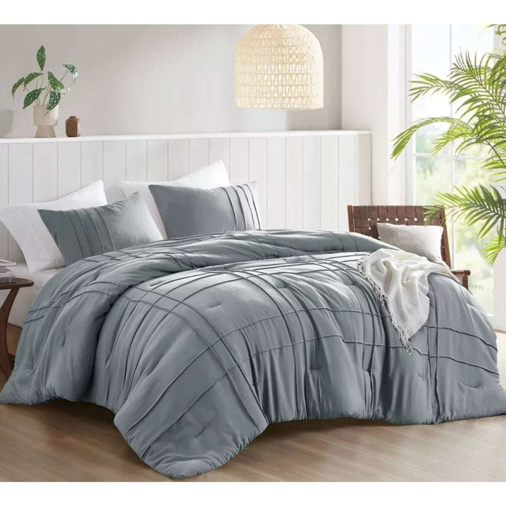 King Size 3PC PORTER Soft Washed Cotton Pinch Pleated Duvet Set Slate Gray/Blue