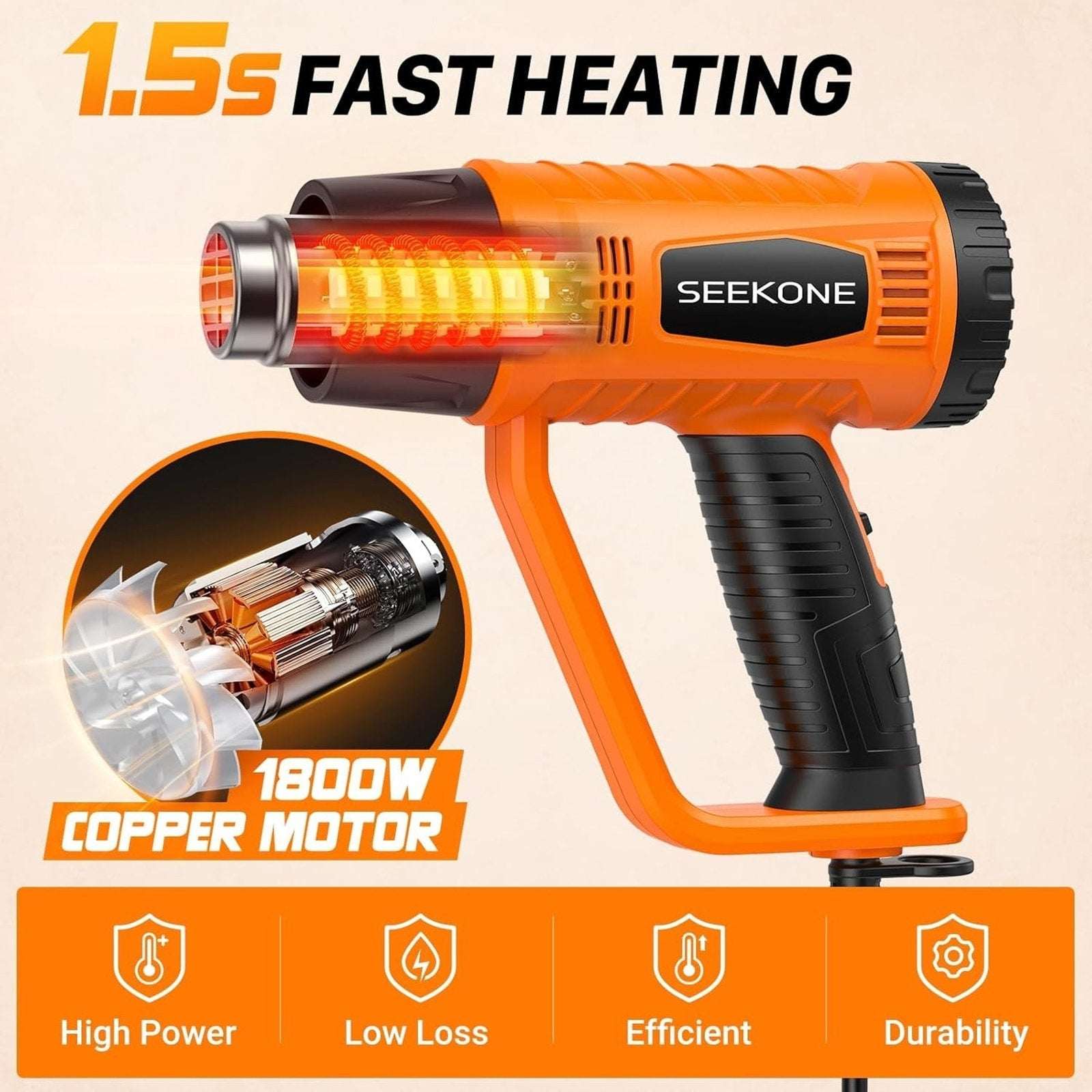 1800W Heavy Duty Heat Gun Fast Heat 752℉ & 1112℉ Dual-Temperature & 4 Nozzles