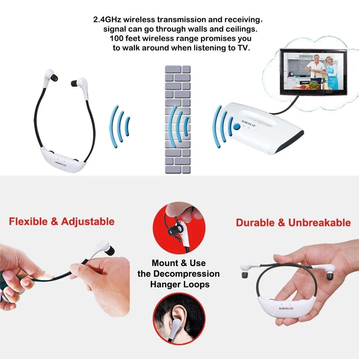 SIMOLIO 2.4GHz Wireless TV Headset for Hearing Impaired SM-823D PRO For Any TV