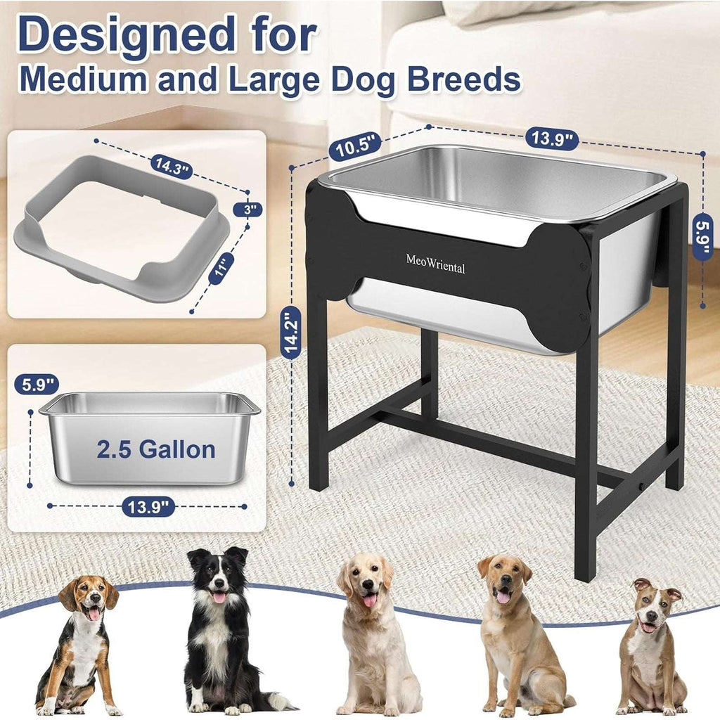 2.5 Gal Elevated Stainless Steel Water Bowl No-Spill Tip-Proof Stand for M/L Dog