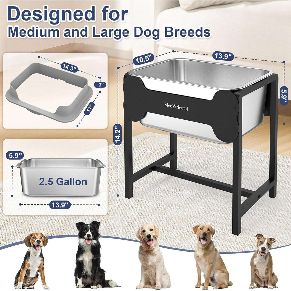 2.5 Gal Elevated Stainless Steel Water Bowl No-Spill Tip-Proof Stand for M/L Dog