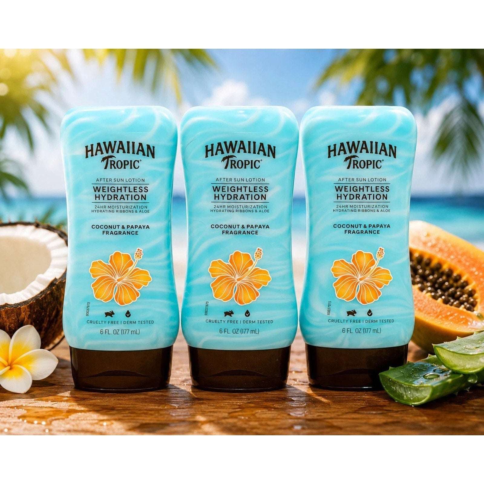 3 Pack Hawaiian Tropic After Sun Lotion Weightless Hydration Coconut Papaya 6oz