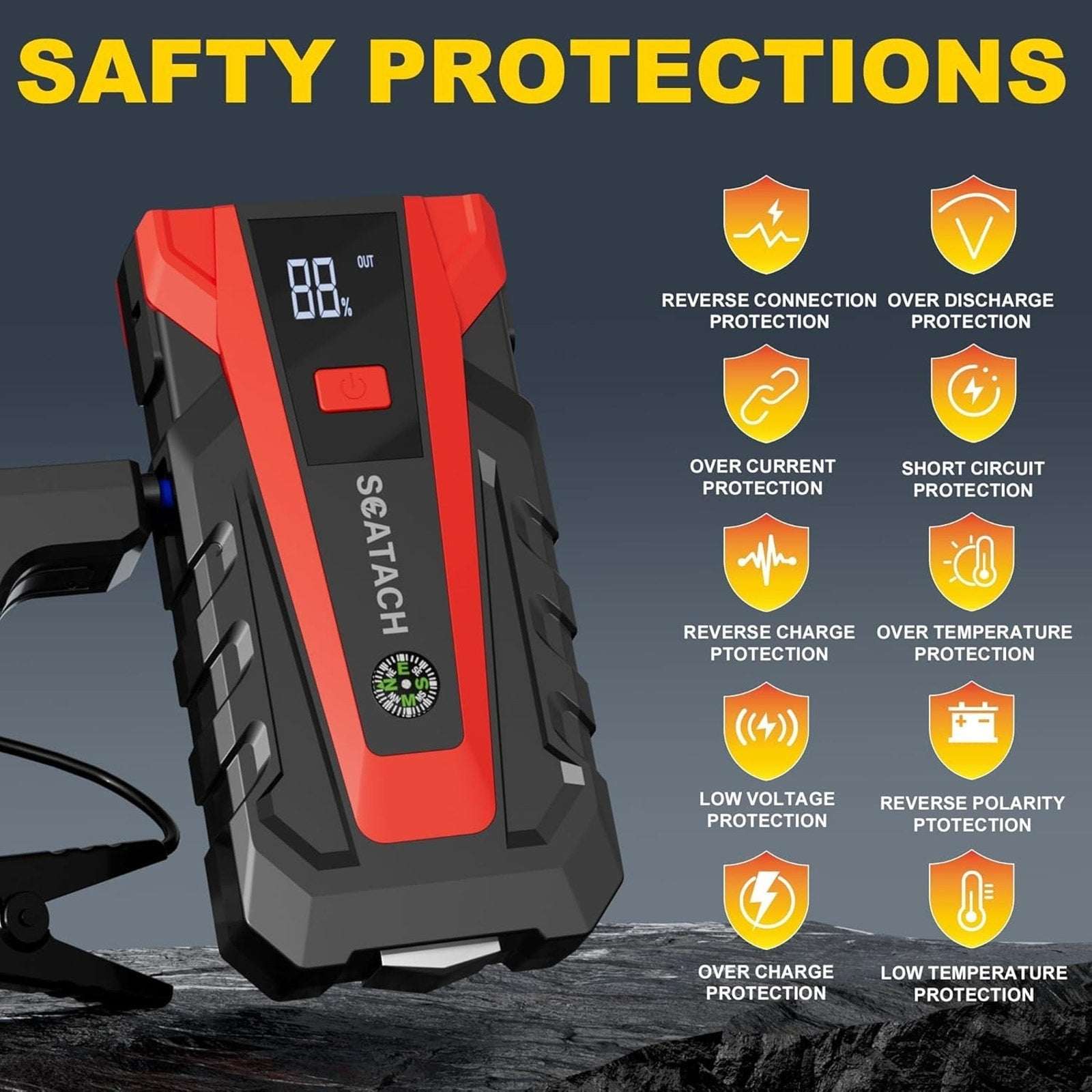 Scatach 3000A 12V Car Battery Jump Starter, Jumper Cable, Flashlight & Powerbank