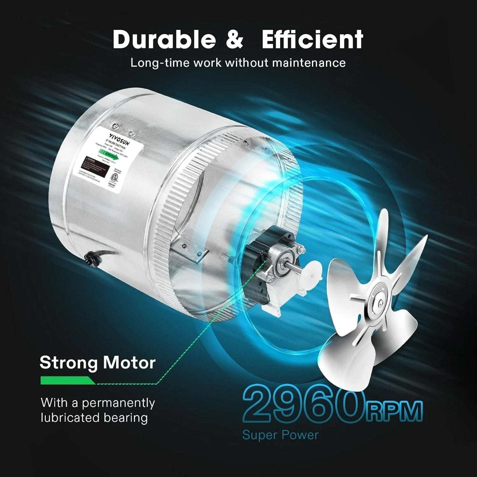 VIVOSUN 6in Electric Inline Duct Fan 240CFM, HVAC Exhaust Intake Fan Low Noise