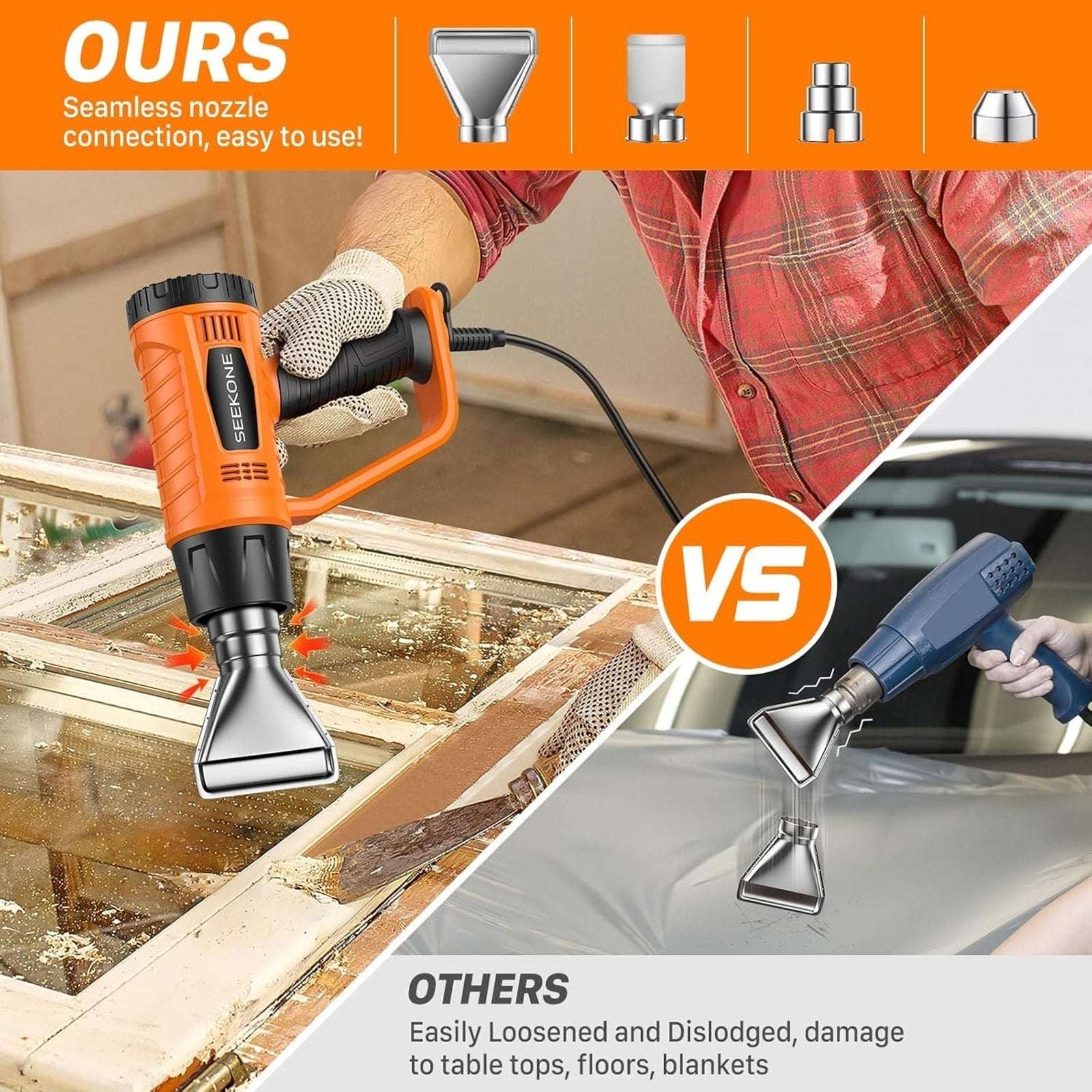 1800W Heavy Duty Heat Gun Fast Heat 752℉ & 1112℉ Dual-Temperature & 4 Nozzles