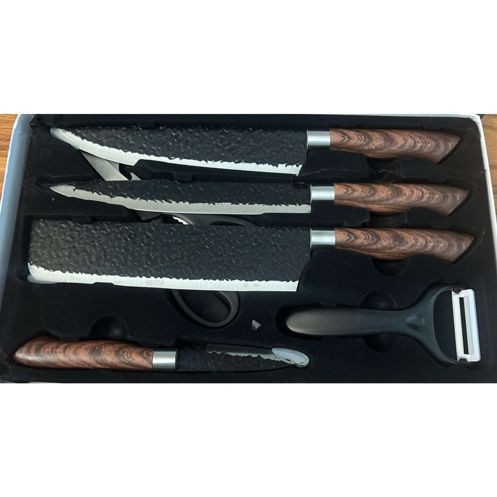 6PC Knife Set Embossed Non-Stick Blade w Wood Grain Handle Cleaver Chef Carving+