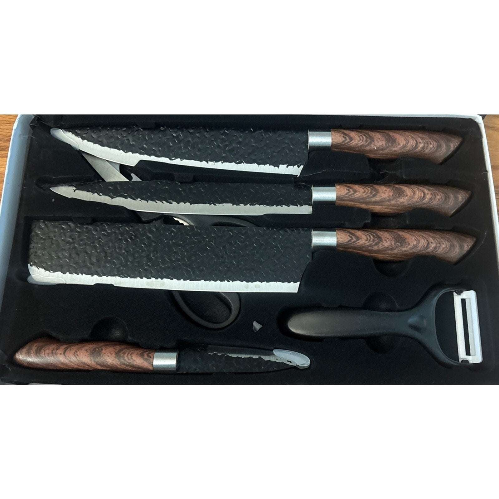 6PC Knife Set Embossed Non-Stick Blade w Wood Grain Handle Cleaver Chef Carving+