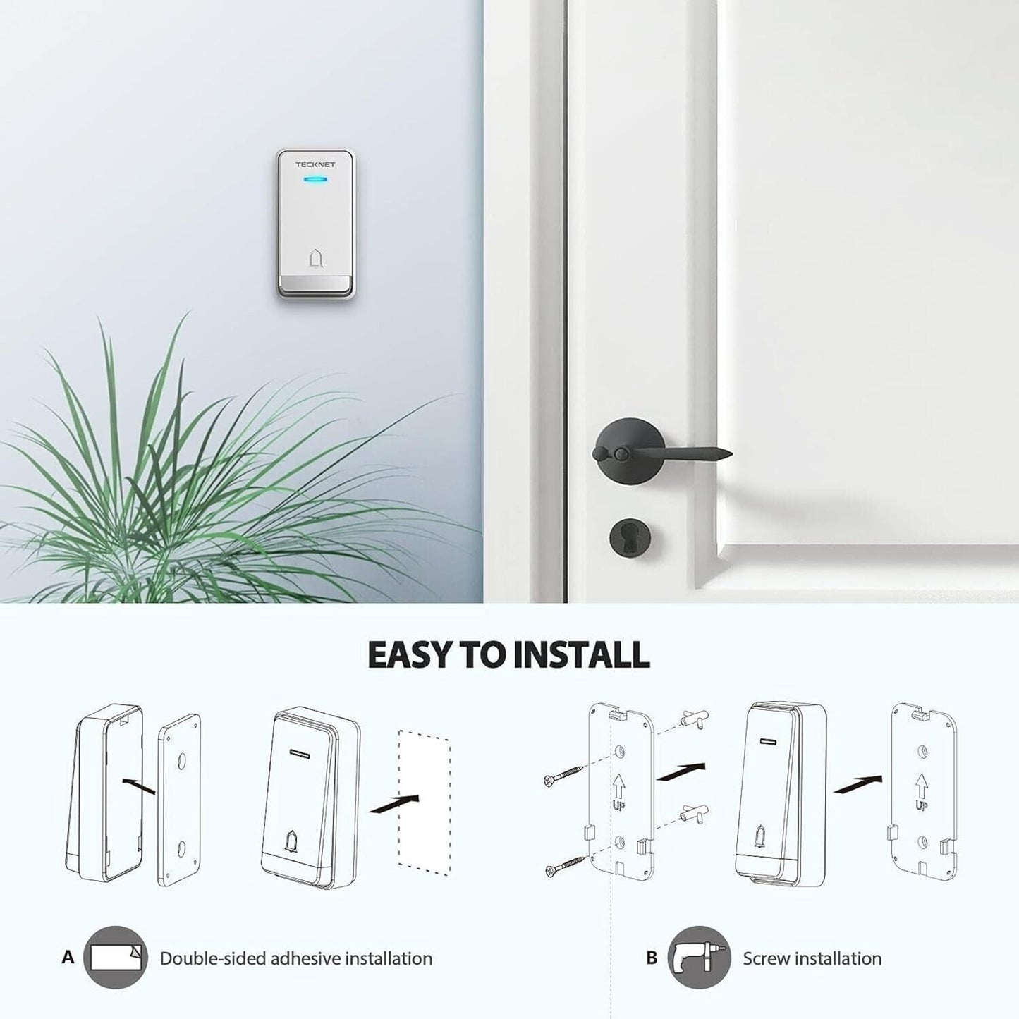 TECKNET Self-Powered Wireless Doorbell, Waterproof Door Chime Kit HWD01816