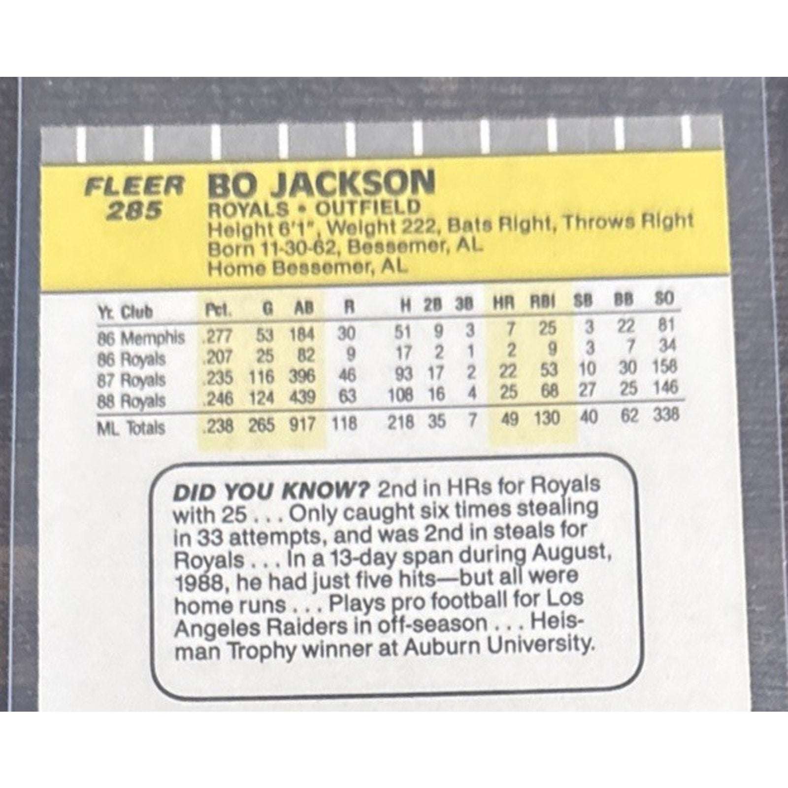 1989 FLEER #285 BO JACKSON - KANSAS CITY ROYALS - Pack to Sleeve - MLB Baseball