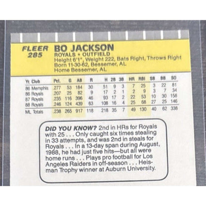 1989 FLEER #285 BO JACKSON - KANSAS CITY ROYALS - Pack to Sleeve - MLB Baseball
