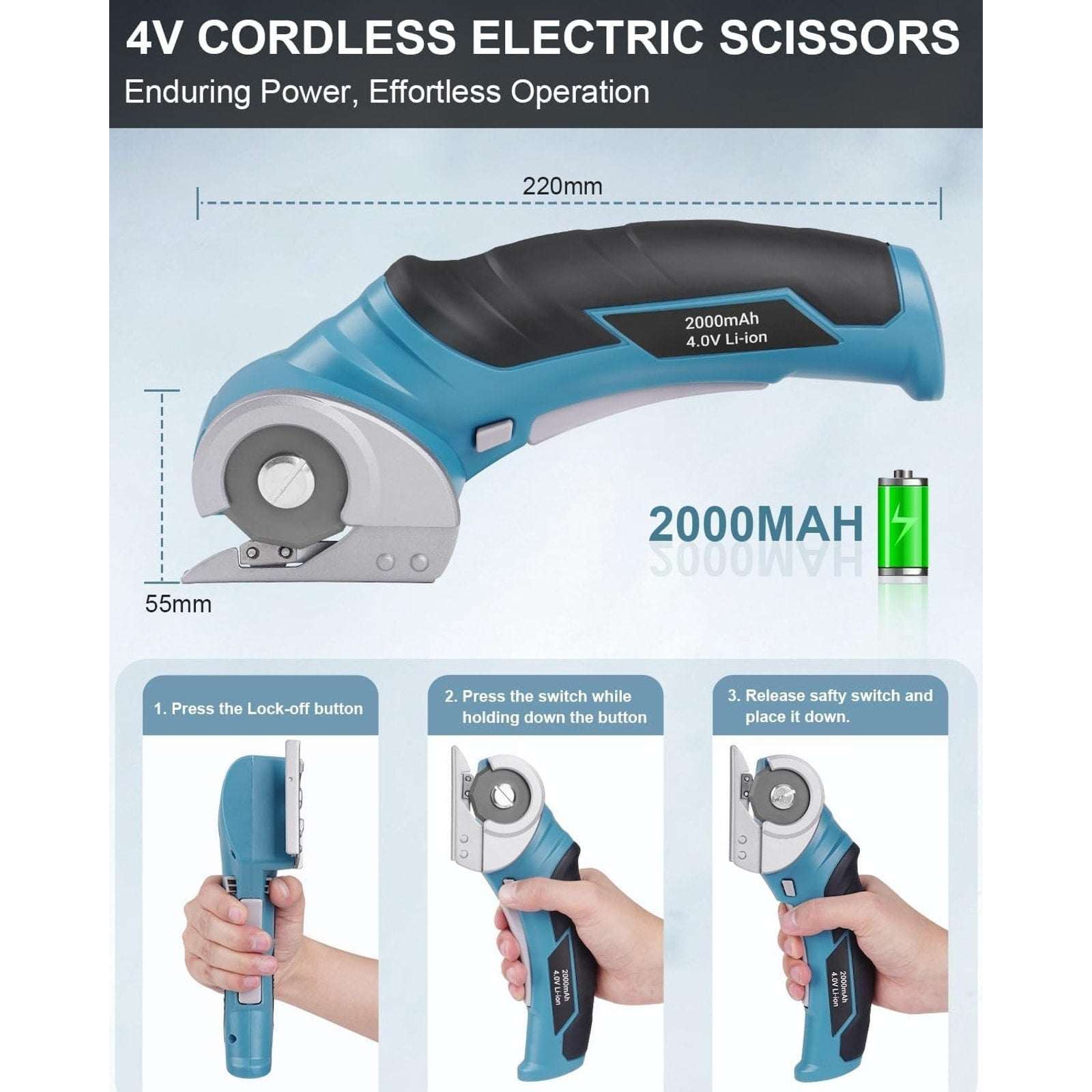 Cordless Electric Scissors 4V Rechargeable Rotary Cardboard Cutter, 2000mAh Bat
