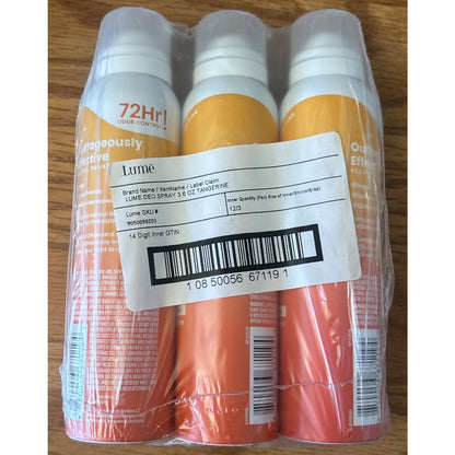3 Pack Lume Whole Body Invisible Deodorant Spray 72-Hour Clean Tangerine 3.6oz