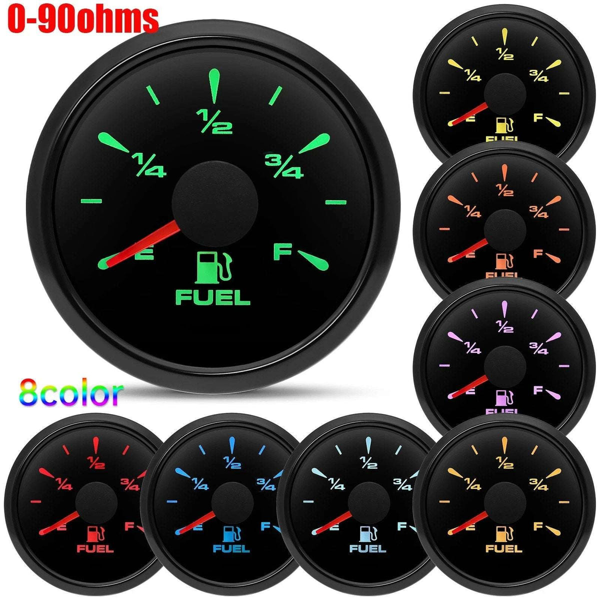 0-90 ohm Fuel Gauge 2" 52mm 8 Color Backlit Boat Fuel Level Gauge Marine Car RV